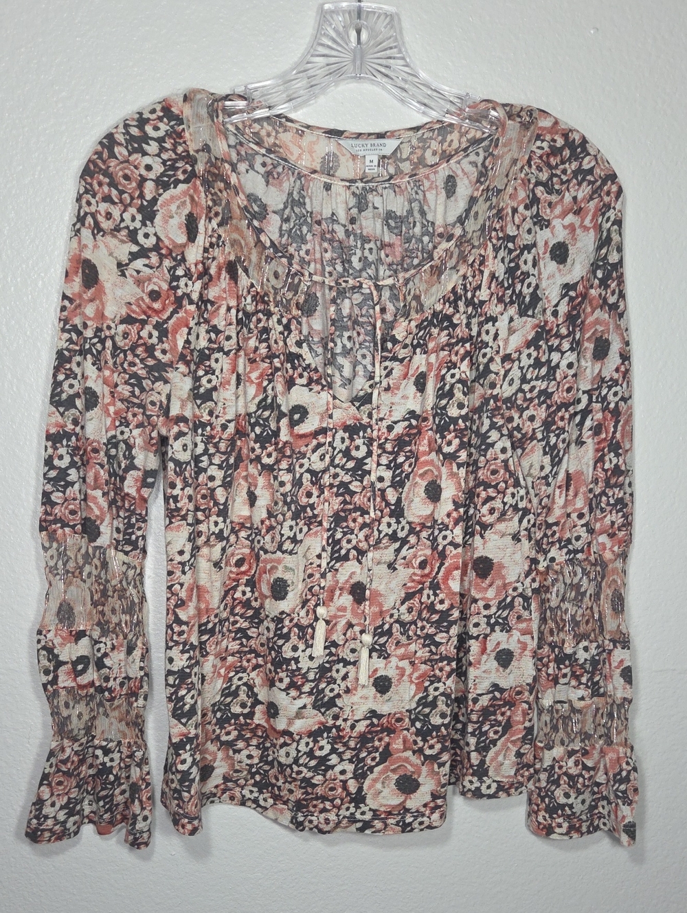 Lucky Brand Floral Tie-Neck Peasant Blouse in Blush and Cream